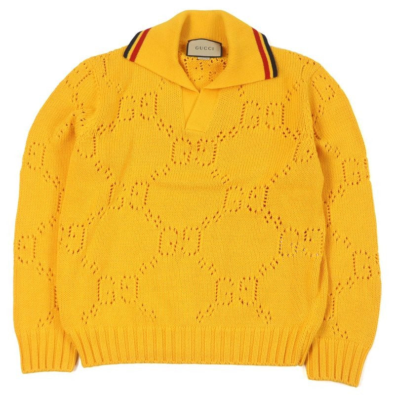 Gucci 100% Cotton Perforated GG Webline Sweater Long Sleeve Knit Yellow