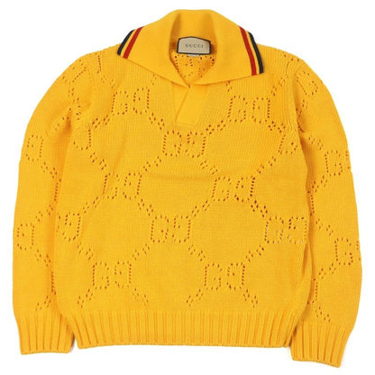 Gucci 100% Cotton Perforated GG Webline Sweater Long Sleeve Knit Yellow