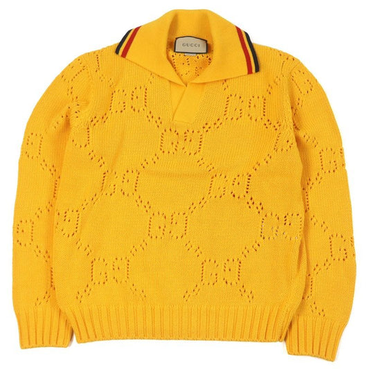 Gucci 100% Cotton Perforated GG Webline Sweater Long Sleeve Knit Yellow