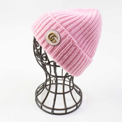 Gucci 764594 Wool Cashmere Current Double G Leather Usage Knit Cap Pink Gold