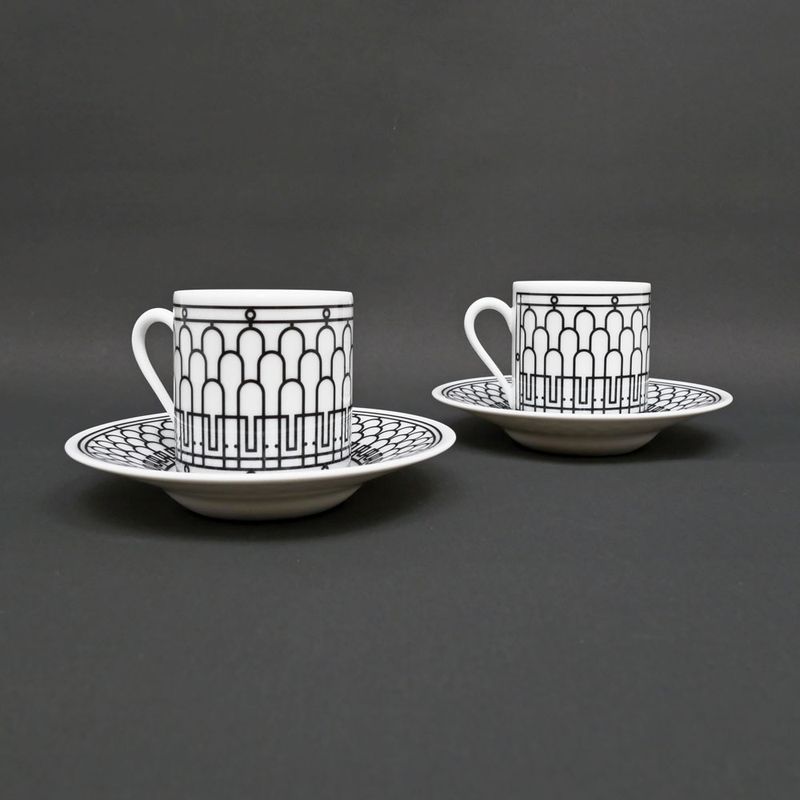 Hermes Coffee Cup & Saucer - H Deco Set Of 2 White Black White Black