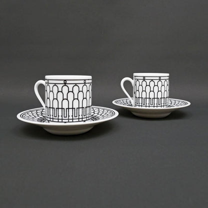 Hermes Coffee Cup & Saucer - H Deco Set Of 2 White Black White Black