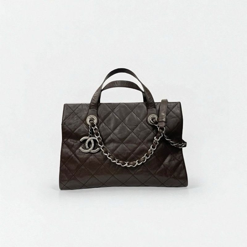 Chanel Bag Shoulder Brown Silver Gunmetal Hardware Quilted Caviar Leather