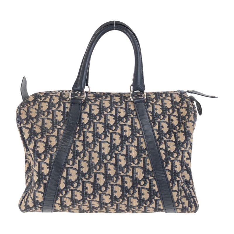 DIOR Vintage Trotter Navy Beige Silver Hardware Canvas/leather Handbag Boston