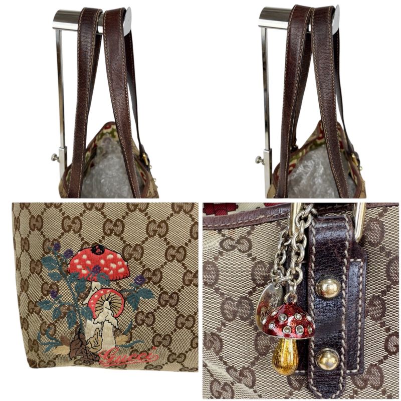 Gucci Tote Bag GG Canvas Mushroom Embroidery Mushroom Charm Shoulder A4 Horsebit