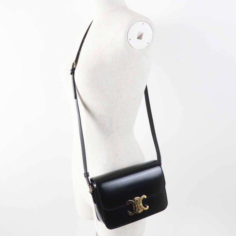 Celine 18842 Teen Triomphe Shiny Calfskin Shoulder Bag Black Gold Hardware