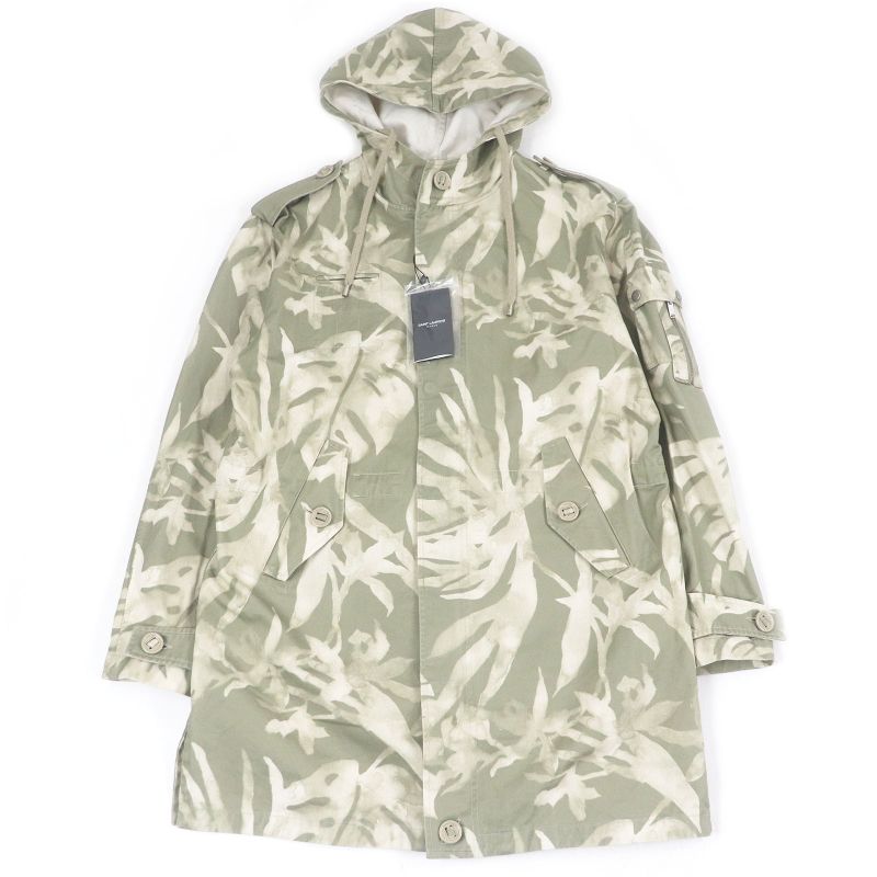 Saint Laurent Paris 2020 645595 Linen Blend Leaf Print Hooded Mod Coat
