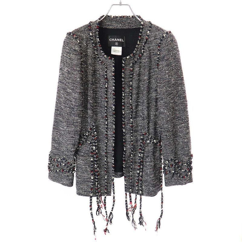 Chanel No Collar Tweed Cord Jacket Navy 42