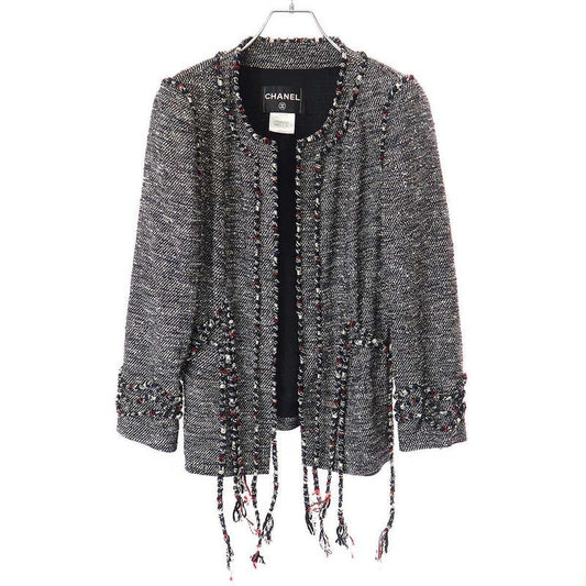 Chanel No Collar Tweed Cord Jacket Navy 42