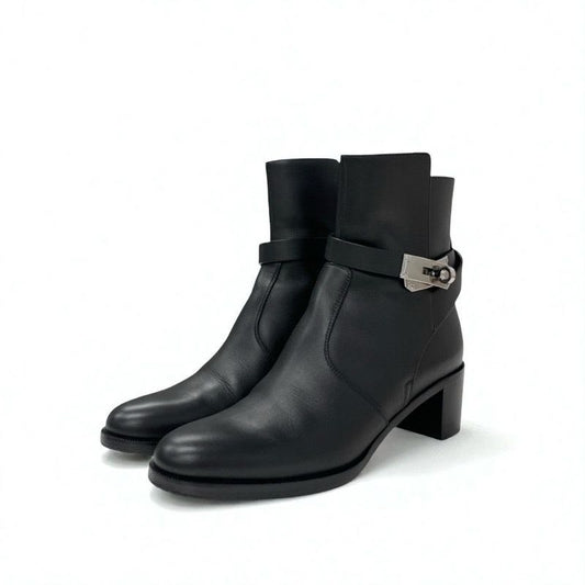 Hermes Frenchie Boots Short Shoes Leather Black Silver Kelly Hardware