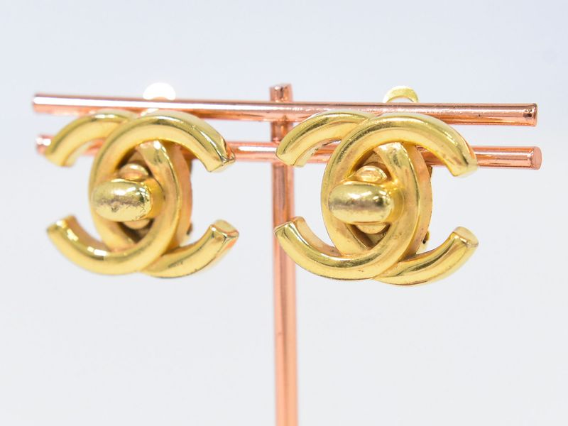 Authentic Chanel Coco Mark Turnlock Earrings GP Gold Plated Coco Mark Accessorie