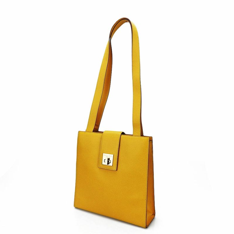 Celine Shoulder Bag Leather Yellow Gold Hardware Shape Push Turnlock Ladies