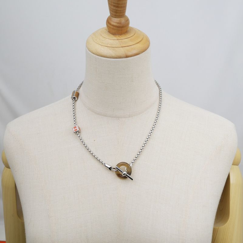Hermes Meri Melo Necklace Buffalo Horn Metal Silver H Cube Unused