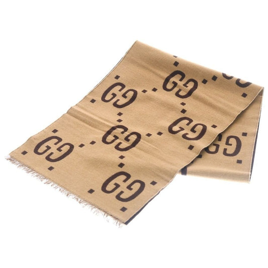 Gucci GG Jacket Wool Silk Fringe Scarf Brown