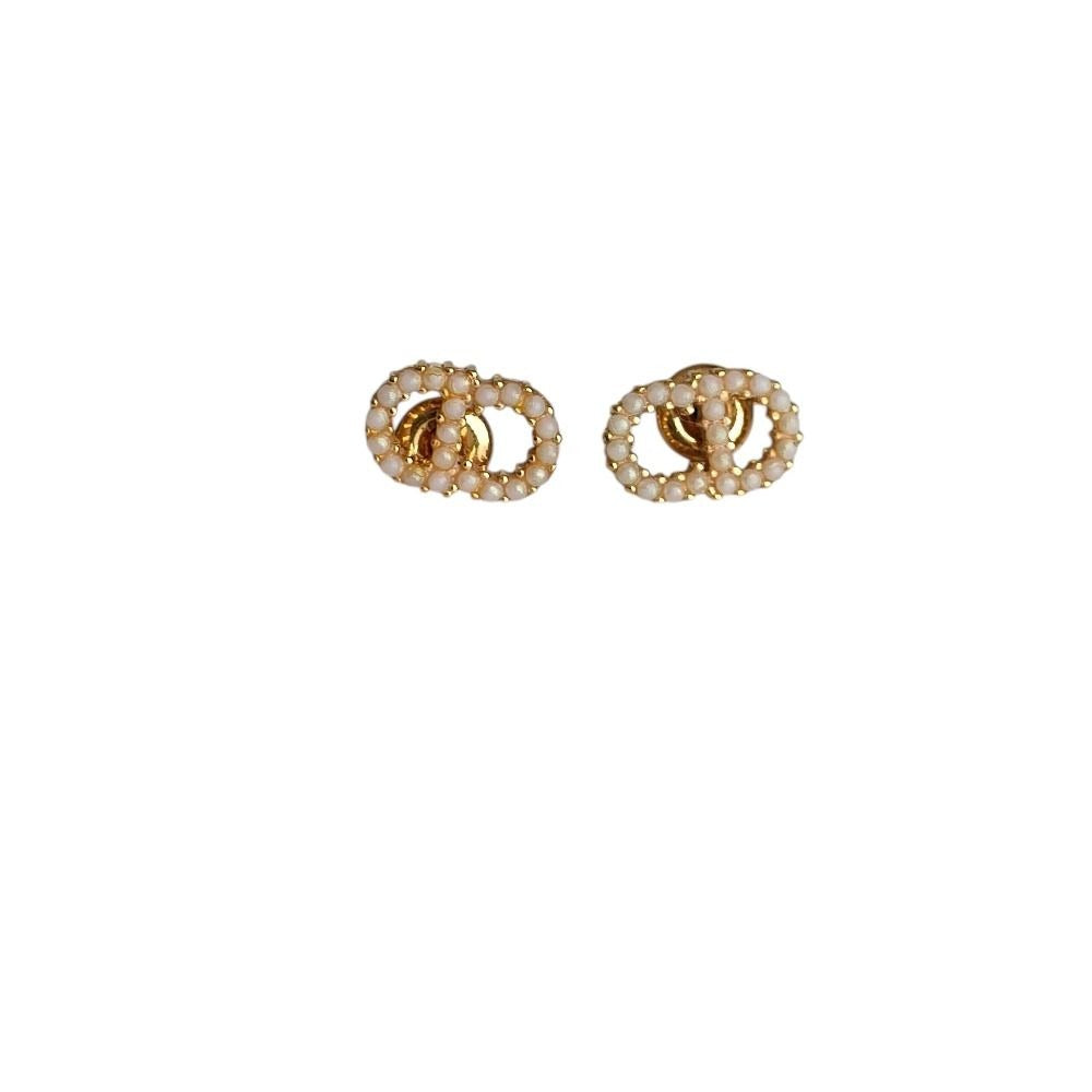 Dior Christian Clair D Lune Pearl Stud Earrings Gold Color