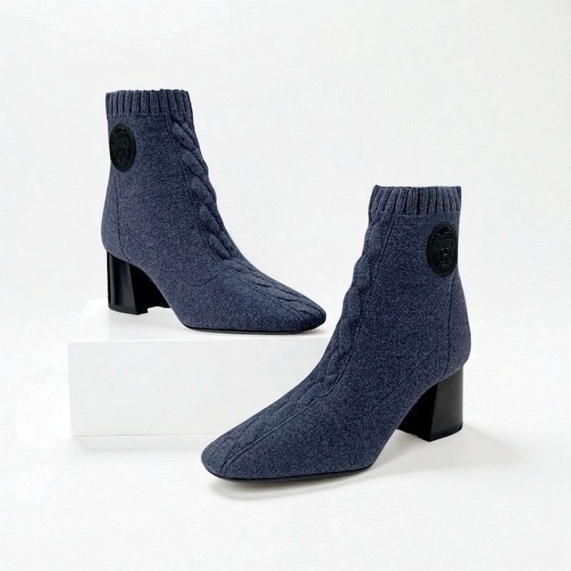 Hermes Volver Boots Short Shoes Knit Leather Blue Black Exlibris Sock