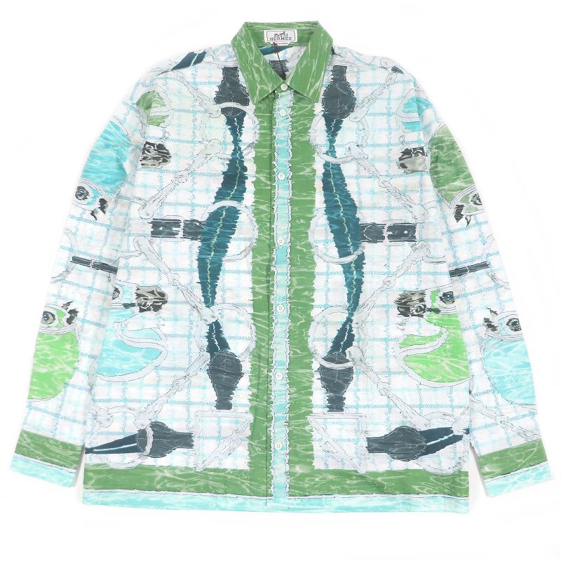 Hermes 100% Cotton Tatersale Remix Bis Total Pattern Sleeve Serie Button Long