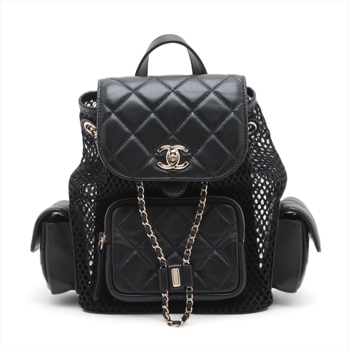 Chanel Quilted Lambskin Chain Backpack Mesh Black Gold Random Plate