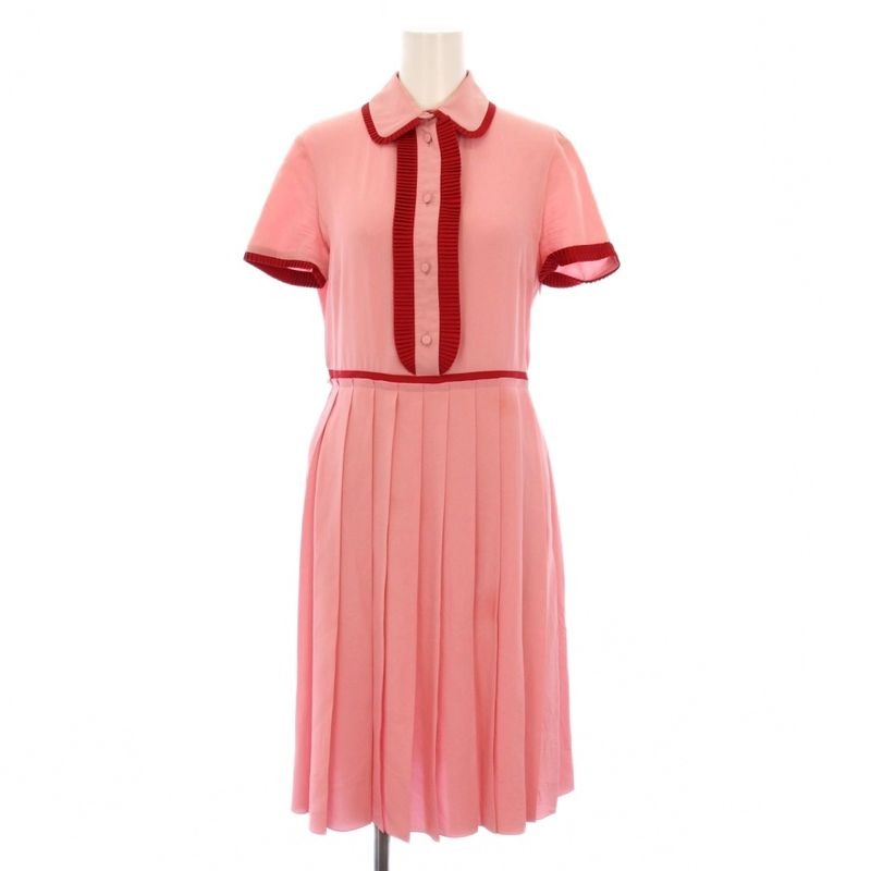 Gucci Silk Pleated Dress Short Sleeve Knee Length Ruffles 38 Pink