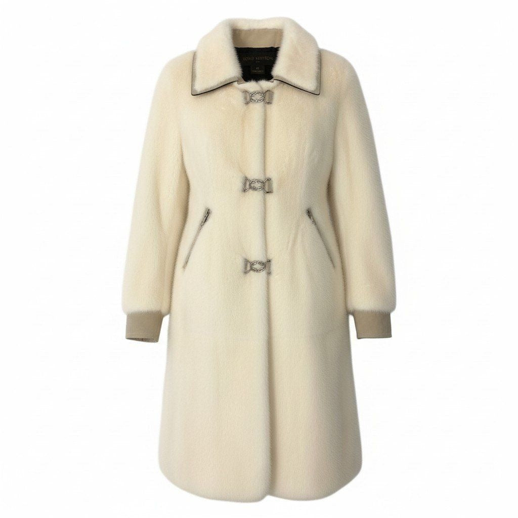 Louis Vuitton I Mink Leather Coat Long Toggle 40 Ivory Beige Silk
