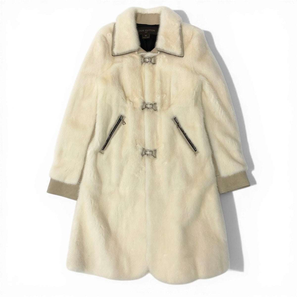 Louis Vuitton I Mink Leather Coat Long Toggle 40 Ivory Beige Silk — view 2