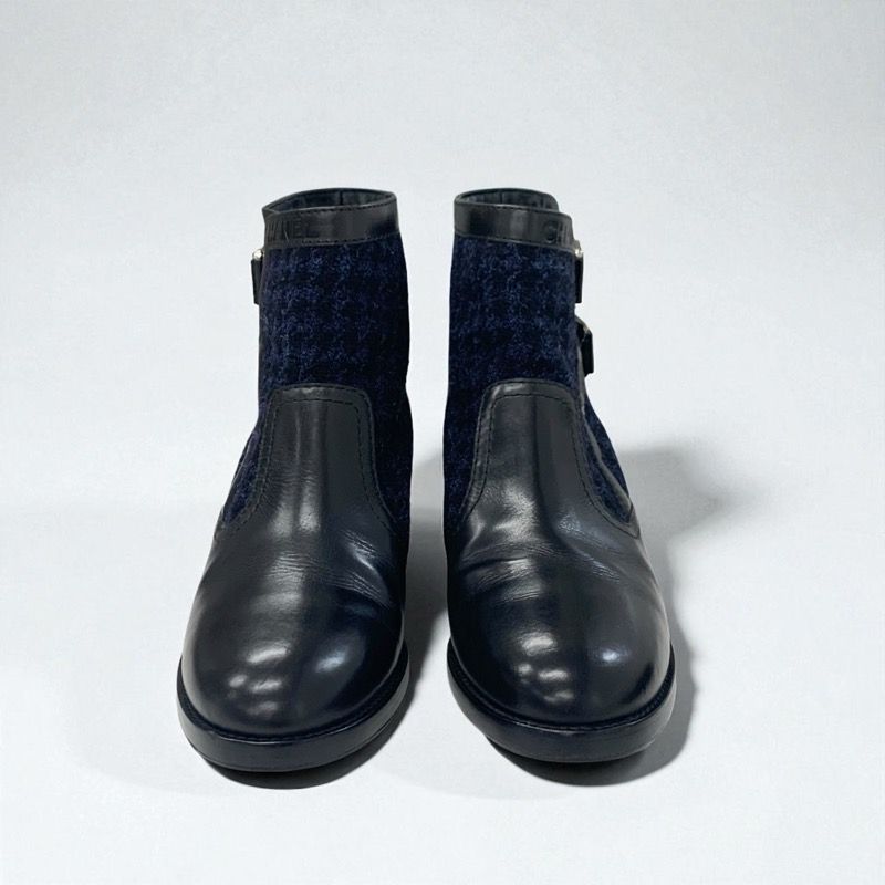 Chanel Boots Short Boots Shoes Tweed Black Navy Brown Logo Belt