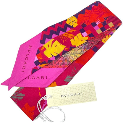 Bvlgari Wrap Scarf Twilly Ribbon Logo Silk Red Pink Multicolor