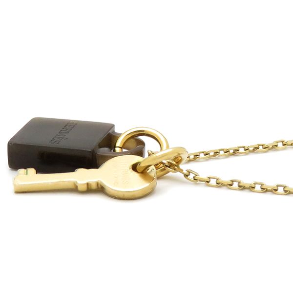 Hermes Necklace Amulet Padlock GM Buffalo Horn GP Brown and Gold Hardware