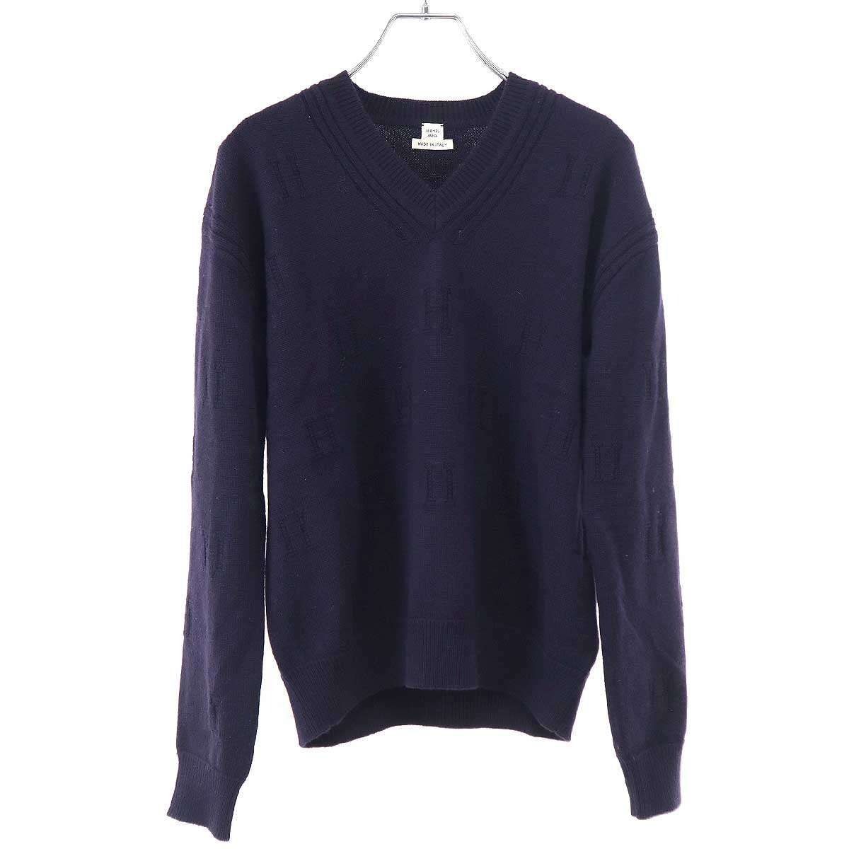 Hermes H Logo Jacquard V-neck Wool Knit Sweater Navy 34