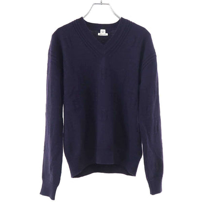 Hermes H Logo Jacquard V-neck Wool Knit Sweater Navy 34