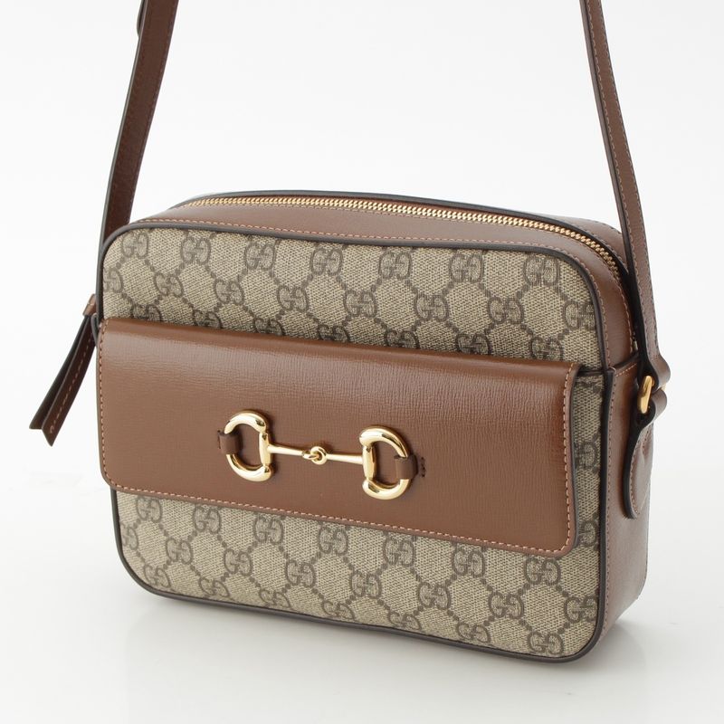 Gucci 1955 Horsebit GG Supreme Canvas Crossbody Gold Shoulder Bag 645454 Brown