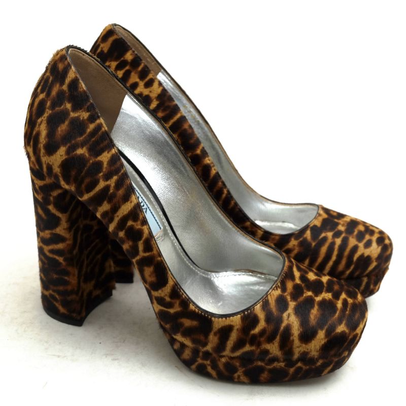 Prada Pumps Shoes Women Leather Dark Brown 8751 Leopard Chunky Heel High Heel