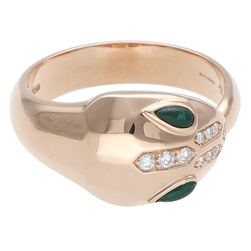 Bvlgari Serpenti 18K Pink Gold Diamond Malachite Ring Size 16