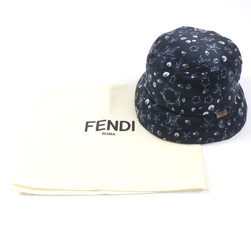  Fendi Fxq966 FF Logo Zucca Star Reversible Hat Bucket Hat Navy Storage With