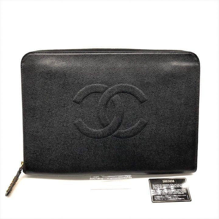 Chanel Big CC Logo Caviar Leather Black Clutch
