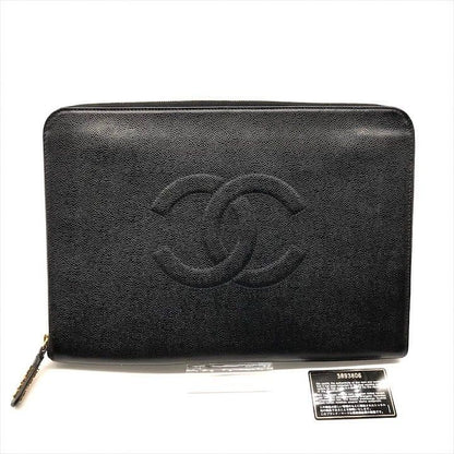 Chanel Big CC Logo Caviar Leather Black Clutch