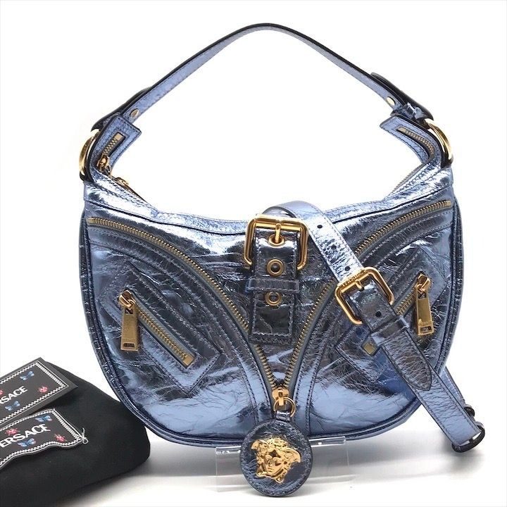 Versace Medusa Metallic Leather Repeat Hobo 2-Way Hand Shoulder Bag Blue