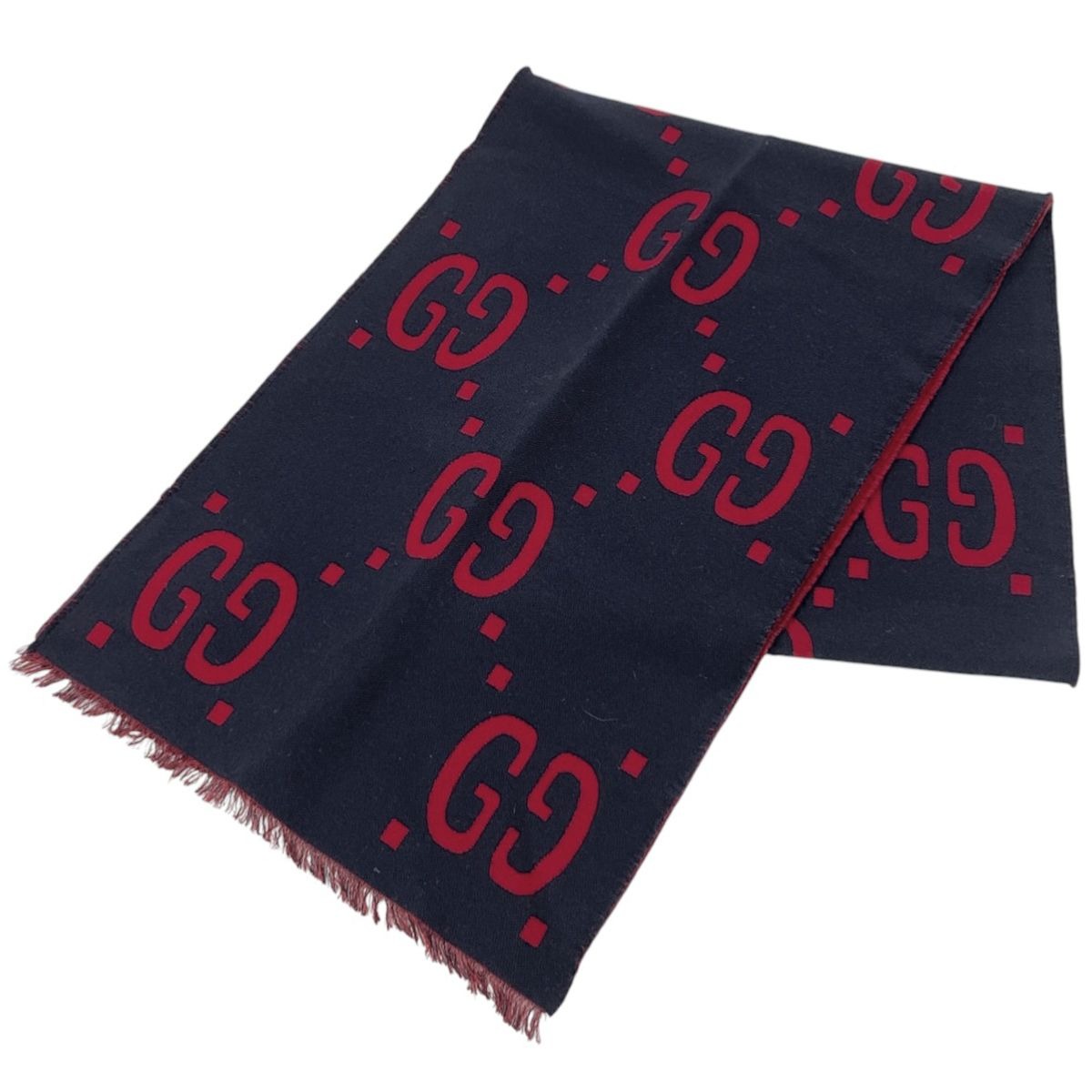 Gucci GG Pattern Scarf Fringe Wool Silk Navy Red
