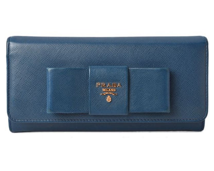 Prada Long Wallet With Pass Case 1mh132 Blue Saffiano Shape Pressed Leather