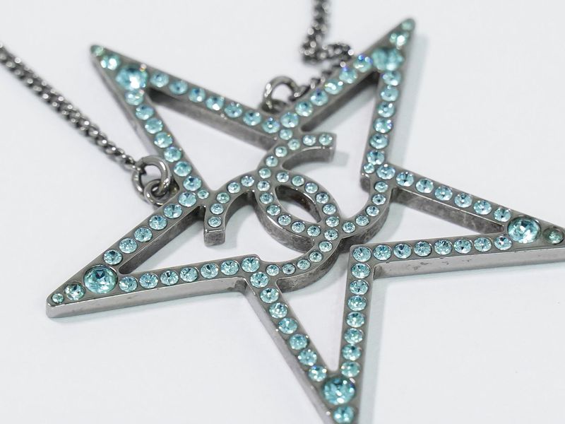Object Chanel Coco Mark Star Rhinestone Necklace Pendant Metal Silver Hardware