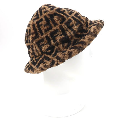 Fendi Fxq632 100% Silk Lined FF Logo Zucca Pattern Mouton Hat Brown Black M