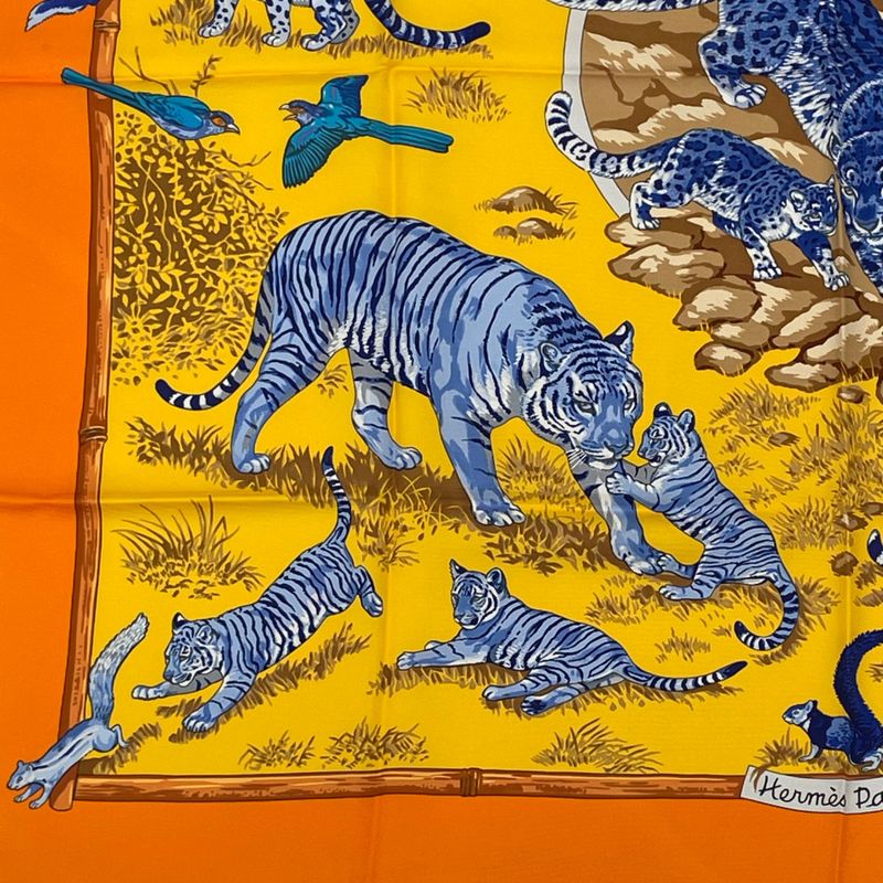 Hermes Carre 90 Tendresse Feline Wild Gentleness Scarf Silk Orange