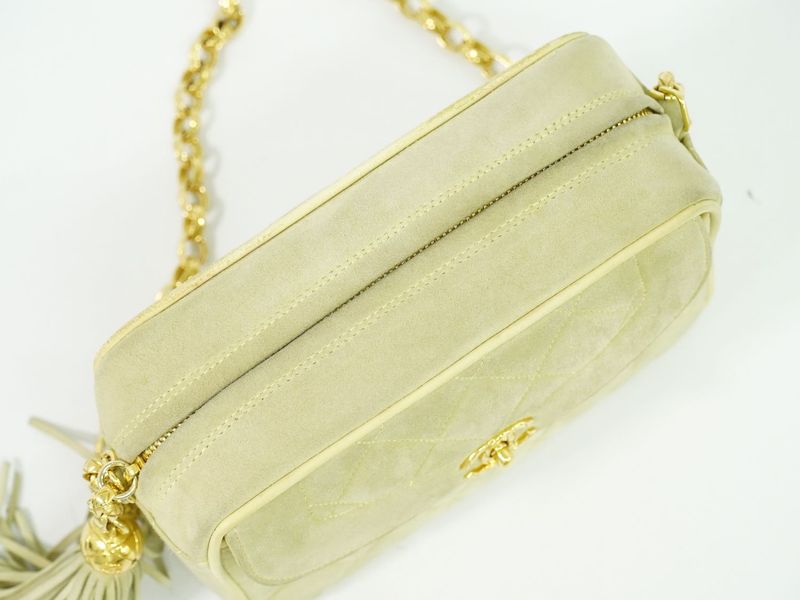 Authentic Chanel Coco Mark Tassel Shoulder Bag Pochette Suede Leather Light