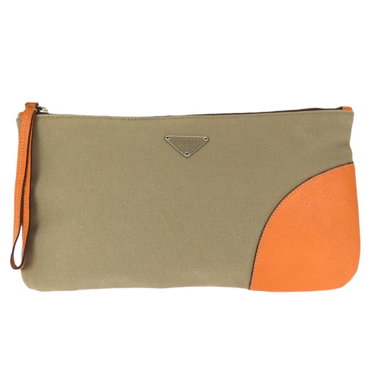 Prada Beige Orange Silver Canvas Leather Clutch