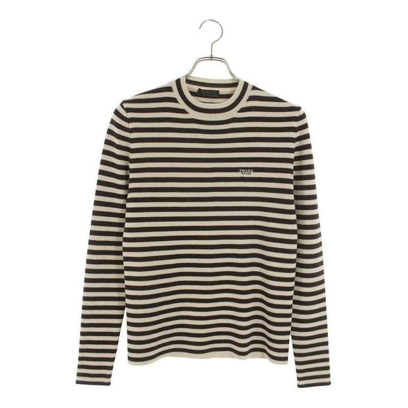 Prada Logo Embroidered Super Fine Wool Crew Neck Knit 46 Sweater Beige X Brown