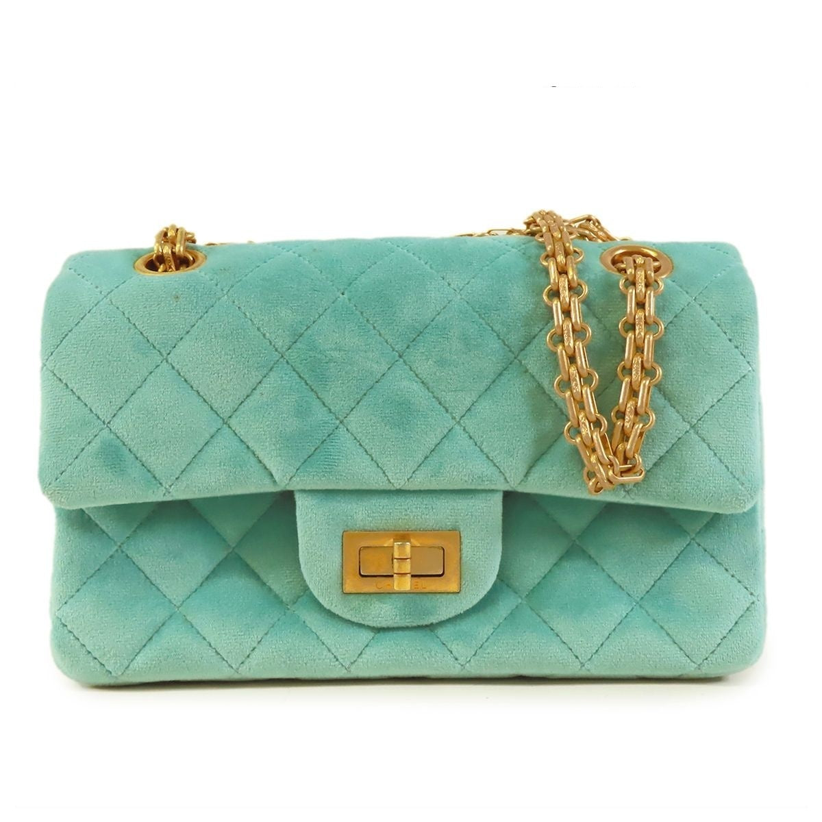 Chanel Chain Green Gold Velour Quilted Stitch Shoulder Bag
