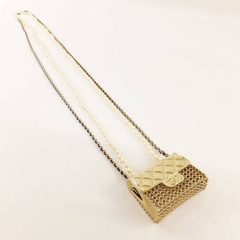 Chanel Necklace Mini Matelasse Bag Motif Coco Mark Fake Pearl Gold