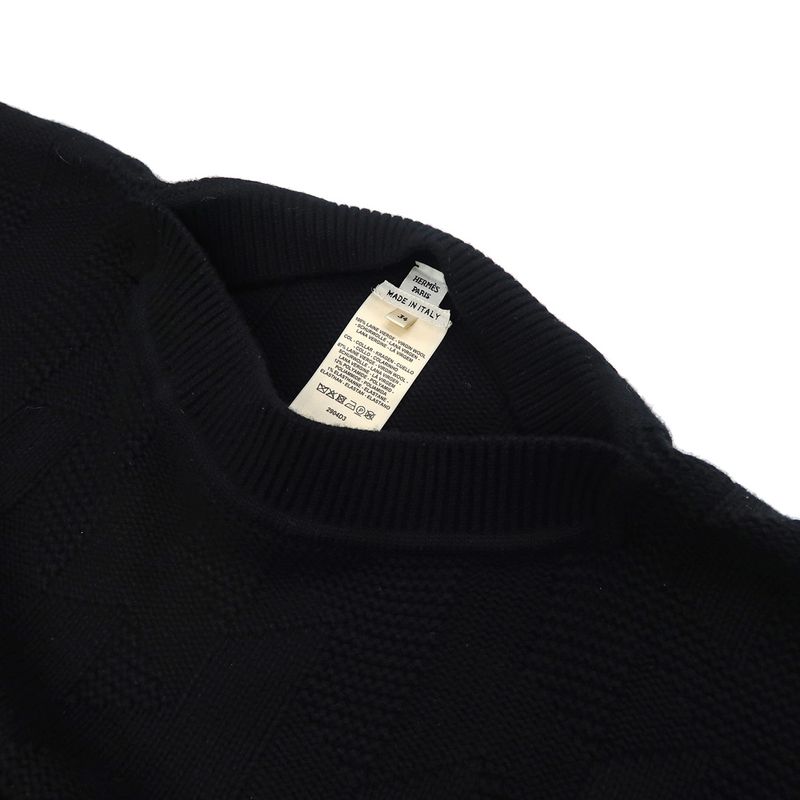 Hermes Poncho Cape H Motif 34 Black 100% Wool Knit 2904d3 Women's