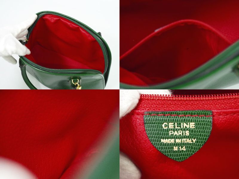 Authentic Celine Circle Logo 2WAY Shoulder Bag Handbag Pochette Leather Green
