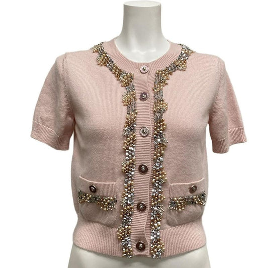 Chanel Cardigan Size 34 S Women - P72452 Light Pink Short Sleeves Sequin
